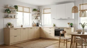 Монтаж светлой кухни в скандинавском стиле с текстурой дерева