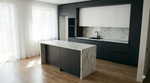 Сложный монтаж многоуровневой кухни в графитовом цвете